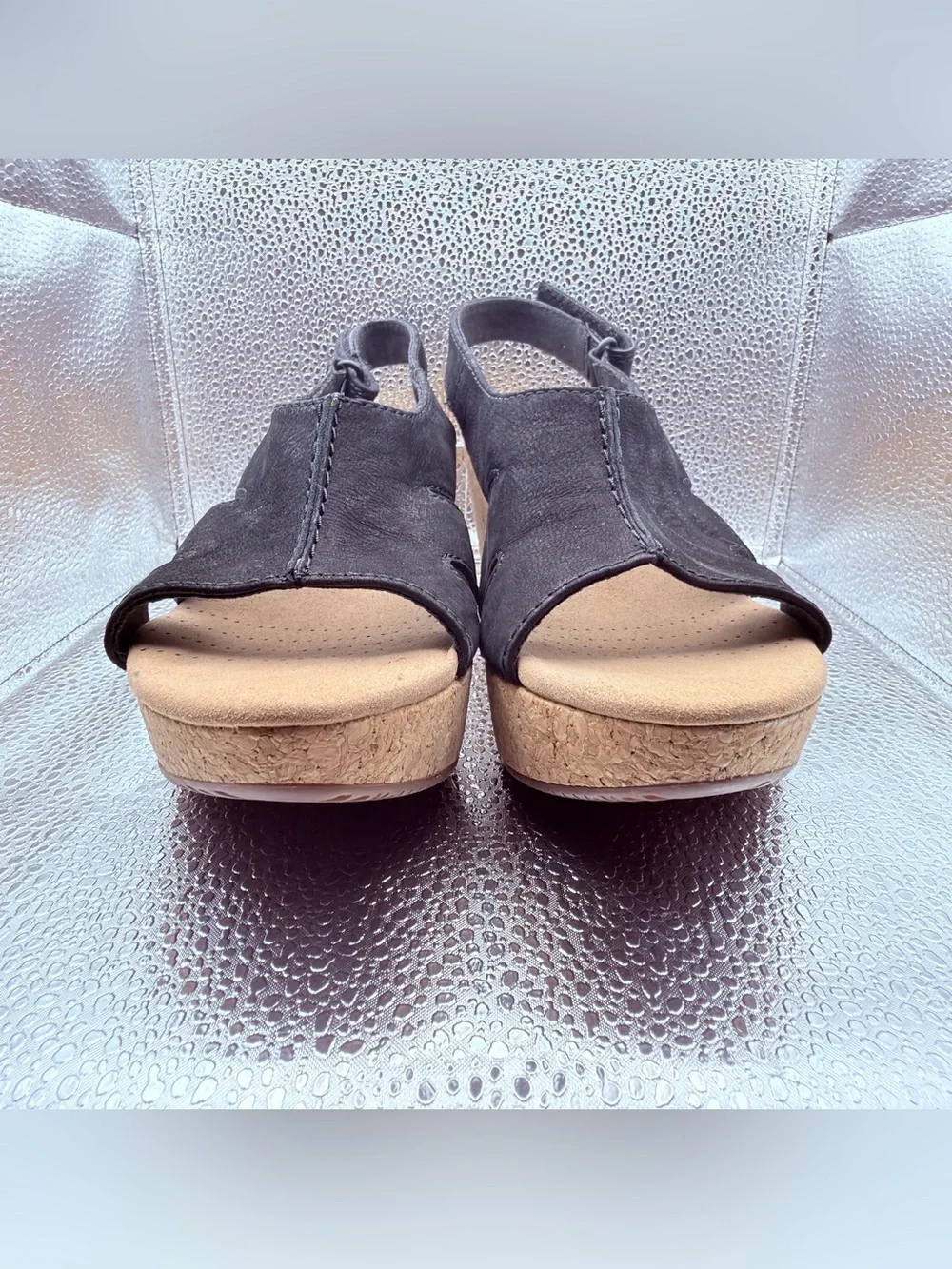 Clarks Black Suede Slingback Wedge Sandals